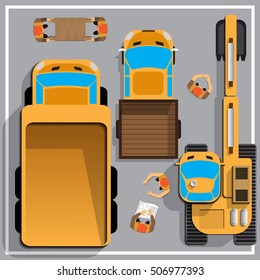 Maquinaria de construcción. Vista desde arriba. Ilustración vectorial.