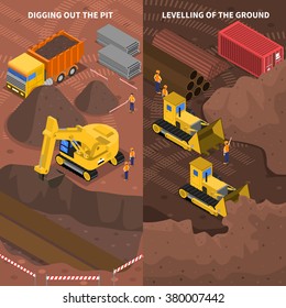 Construction machinery at work pit digging and ground leveling 2 isometric vertical banners set abstract vector illustration