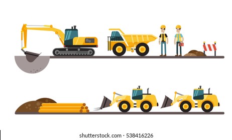 construction machinery and workers side view set. Excavator, wheel loader, tractor and workers.