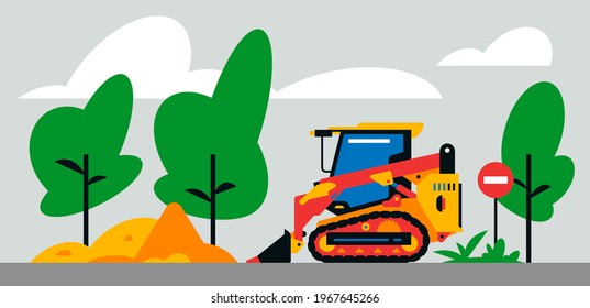 Construction machinery works at the site. Construction machinery, compact excavator, loader on the background of a landscape of trees, sand. Vector illustration on background