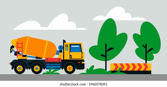 Construction machinery works at the site. Construction machinery, concrete mixer on the background of a landscape of trees, sand. Vector illustration on background