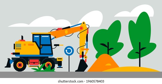 Trabajos de maquinaria de construcción en el lugar. Maquinaria de construcción, excavadora, cargador en el fondo de un paisaje de árboles, arena. Ilustración del vector en el fondo