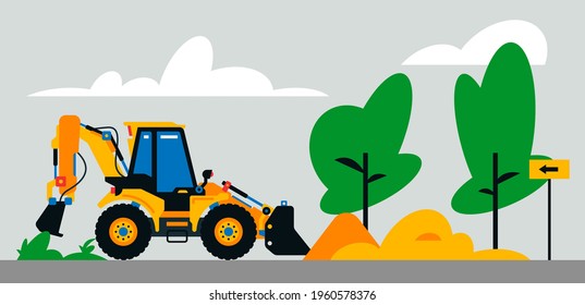 Construction machinery works at the site. Construction machinery, tractor, excavator, loader on the background of a landscape of trees, sand. Vector illustration on background