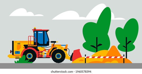 Construction machinery works at the site. Construction machinery, tractor, excavator, loader on the background of a landscape of trees, sand. Vector illustration on background