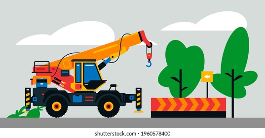 Trabajos de maquinaria de construcción en el lugar. Maquinaria de construcción, grúa de camión al fondo de un paisaje de árboles, arena. Ilustración del vector en el fondo