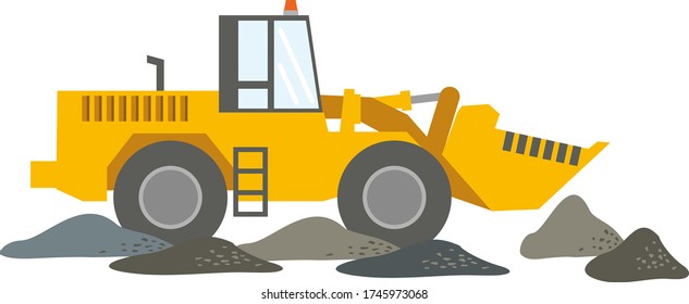 Construction machinery: yellow bulldozer isolated on a white background. The work of a tractor excavator at a construction site, in a quarry. Flat infographics. Vector illustration.