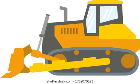 Construction machinery: yellow bulldozer isolated on a white background. The work of a tractor excavator at a construction site, in a quarry. Flat infographics. Vector illustration.