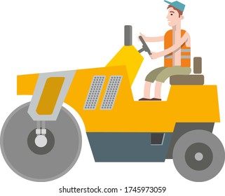 Construction machinery: yellow paver isolated on a white background. Skating rink for road repair. Flat infographics. Vector illustration