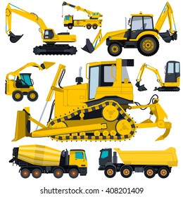 Construction machinery yellow set. Ground works. Machine vehicles, excavator. Structural building equipment. Truck, digger, crane, bagger, mix. Heavy pavement foundation. Master vector illustration.