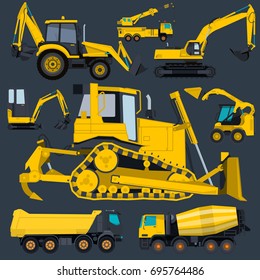 Construction machinery yellow set. Ground works. Machine vehicles, excavator. Structural building equipment. Truck, digger, crane, bagger, mix. Heavy pavement foundation. Master vector illustration.
