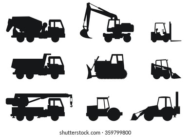 Construction machines black silhouettes. Vector icons of building machinery.