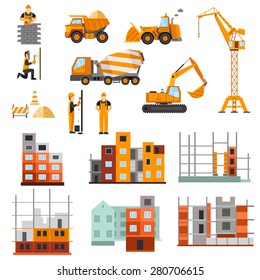 Construction Machines Builders And House Building Process Decorative Icons Flat Set Isolated Vector Illustration