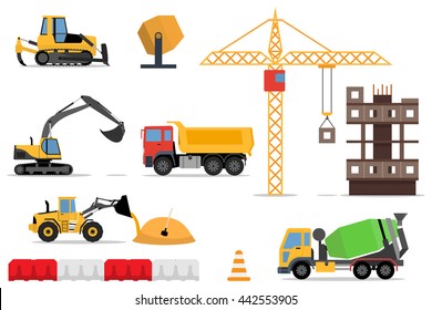 Constructores de máquinas y construcción de casas. Proceso de construcción de la casa. La ingeniería medida, el trabajo arquitectónico, los constructores hacen una casa. Ilustración plana del vector