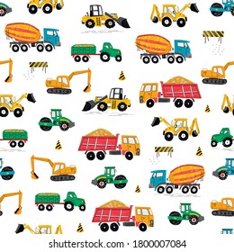 Construction machines building hand drawn doodle cartoon seamless vector pattern