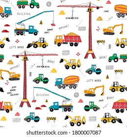 Construction machines building hand drawn doodle cartoon seamless vector pattern