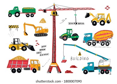 Construction machines building hand drawn doodle cartoon vector illustrations set