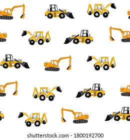 Construction machines building hand drawn doodle cartoon seamless vector pattern