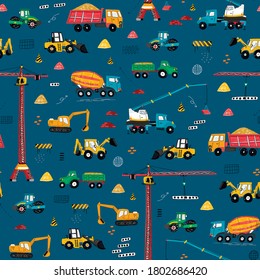 Construction machines building hand drawn doodle cartoon seamless vector pattern