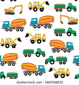 Construction machines building hand drawn doodle cartoon seamless vector pattern