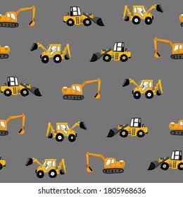 Construction machines building hand drawn doodle cartoon seamless vector pattern