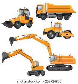 Construction Machines. Bulldozer, excavator, roller, truck. Vector illustration