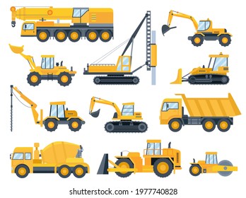 Construction machines. Heavy machinery for build, excavator, bulldozer, truck, tractor and crane vehicle. Building equipment vector set. Equipment bulldozer vehicle, tractor machine to construction