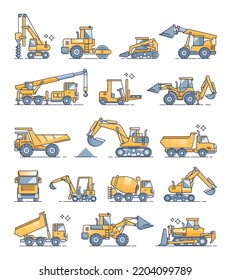 Construction machines and heavy machinery outline collection set. Industrial hydraulic vehicles for land scooping with shovels, lifting with cranes and digging with earth mover vector illustration.