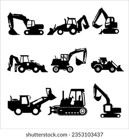 Baumaschinen. Schwermaschinenfahrzeuge mit großen Buldozer-, Roller-, Bagger-, Rücken- und Laderampentransport. Silhouette Illustration