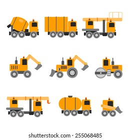 Construction machines. Heavy machines. Vector illustration. Flat design. Concrete Mixer, excavators, cranes, tank, truck, tractor, bucket, asphalt.