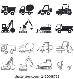 Construction machines icon vector set. Construction illustration sign collection. Truck symbol or logo.