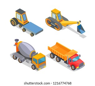 Construction machines icons, working devices set isolated icons vector. Cement mixer, truck with cabin to transport material. Excavator bulldozer