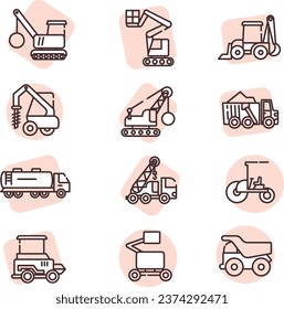 Máquinas de construcción, ilustración o icono, vector sobre fondo blanco.