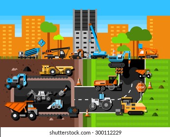 Construction machines and industry composition with excavator crane and mining in city flat vector illustration 