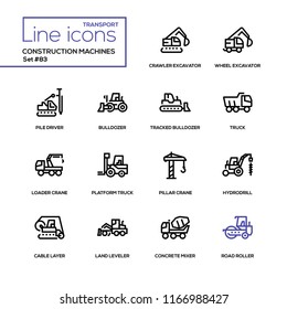 Construction machines - line design icons set. Crawler, wheel excavator, pile driver, tracked bulldozer, platform truck, loader and pillar crane, hydrodrill, cable layer, land leveler, concrete mixer