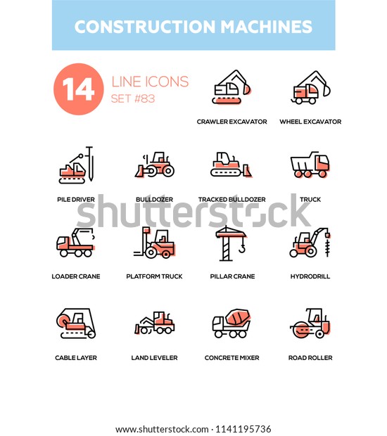Construction machines - line design icons set.\
Crawler, wheel excavator, pile driver, tracked bulldozer, platform\
truck, loader and pillar crane, hydrodrill, cable layer, land\
leveler, concrete\
mixer