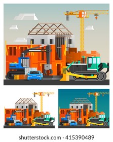 Construction and machines orthogonal compositions set with crane and cars flat isolated vector illustration 