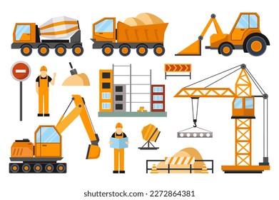 Construction machines set concept with people scene in the flat cartoon design. Builders and engineers operate large construction equipment. Vector illustration.