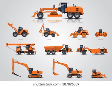 Construction machines set. Construction engineering. Road construction equipment.