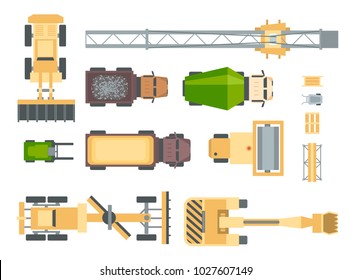 Construction machines - set of modern vector elements isolated on white background for creating your own images. Top view position of different engines, concrete mixer truck, excavator