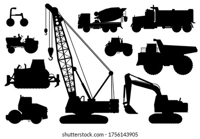 Construction machines silhouette. Heavy machines for building work. Isolated crane, digger, tractor, dump truck, concrete mixer vehicle flat icon set. Vectorindustrial construction transport side view