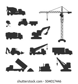 Construction machines silhouettes set. Building cranes, concrete mixers, excavators, trucks, bulldozer vector illustrations isolated on white background. For building company ad, infographics design
