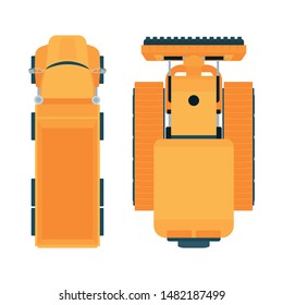 Construction machines. Special transport for the building work. Bulldozer and truck top view vector illustration.