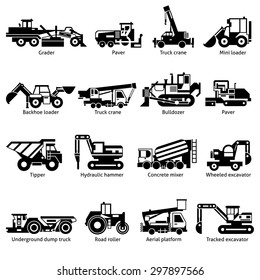 Construction machines and technics black white icons set with crane hammer and tipper flat isolated vector illustration 