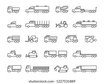 Construction machines. Trucks, tractors, delivery trailers, cargo trukcs, dumpers and heavy equipment line icons