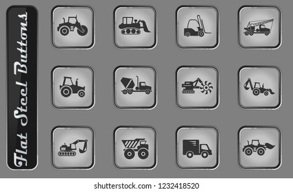 Construction Machines vector web icons on the flat steel buttons