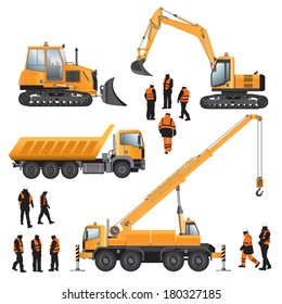 Construction machines and workers. Bulldozer, excavator, crane and truck. Vector illustration.