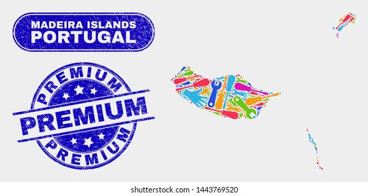 Construction Madeira Islands map and blue Premium grunge seal stamp. Bright vector Madeira Islands map mosaic of service. Blue rounded Premium imprint.