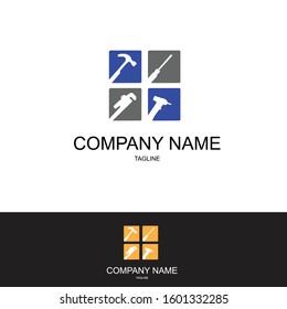 The construction and maintenance company logo with a hammer, wrench and other elements are blue and gray.