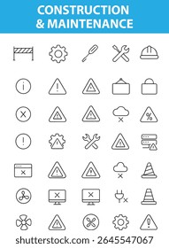Construction and Maintenance Icons – Wrench, Tools, Helmet, Repair, Barrier, Gear, Paint Roller, and More, provided in editable formats EPS, JPG