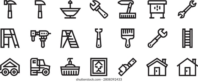 Construction and Maintenance Tool Icons Set with Hammer, Shovel, Faucet, Wrench, and Building House Symbols
